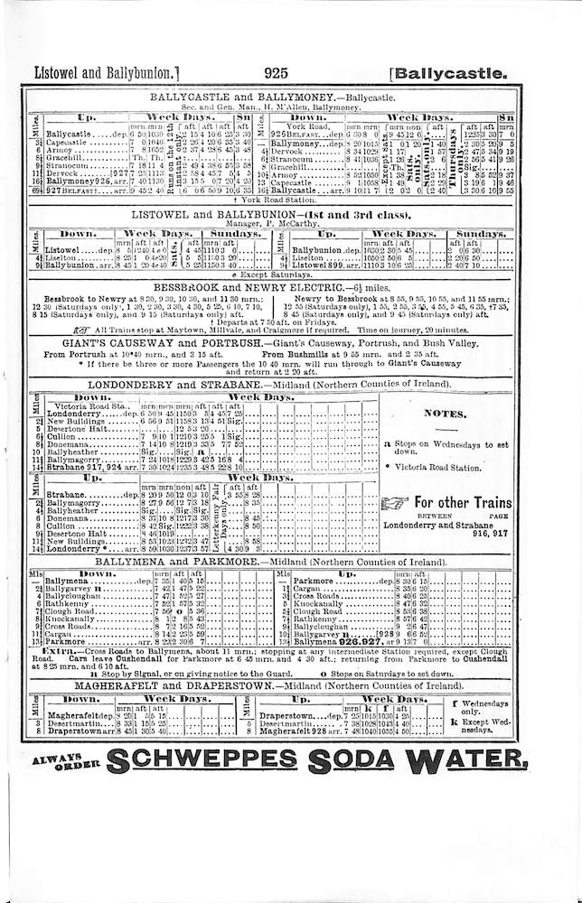 CDR Derry Line Timetable - Bradshaw April 1910