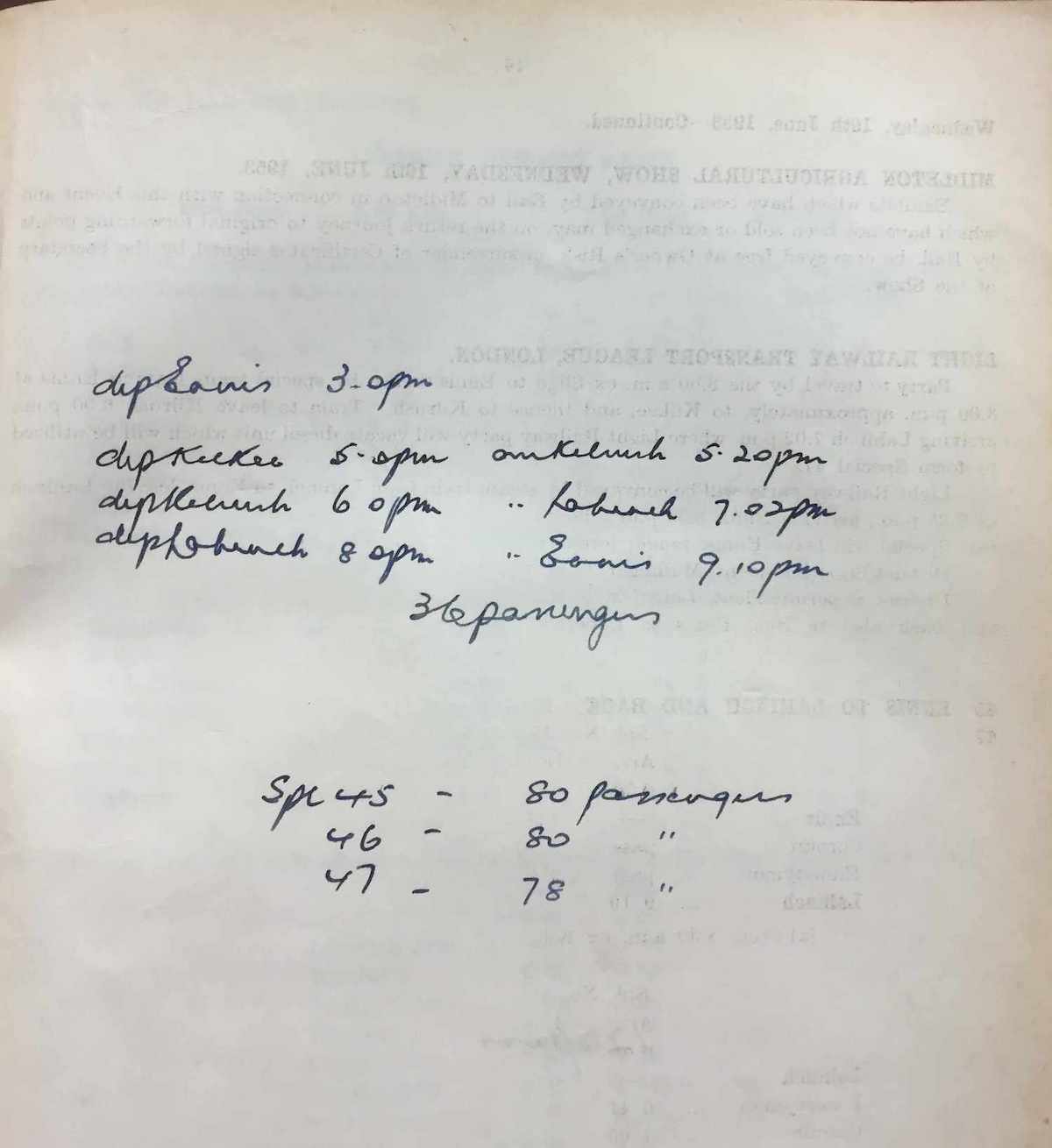 West Clare LRTL Special Wed 10 June 1953 - manuscript annotation in Weekly Circular recording actual times