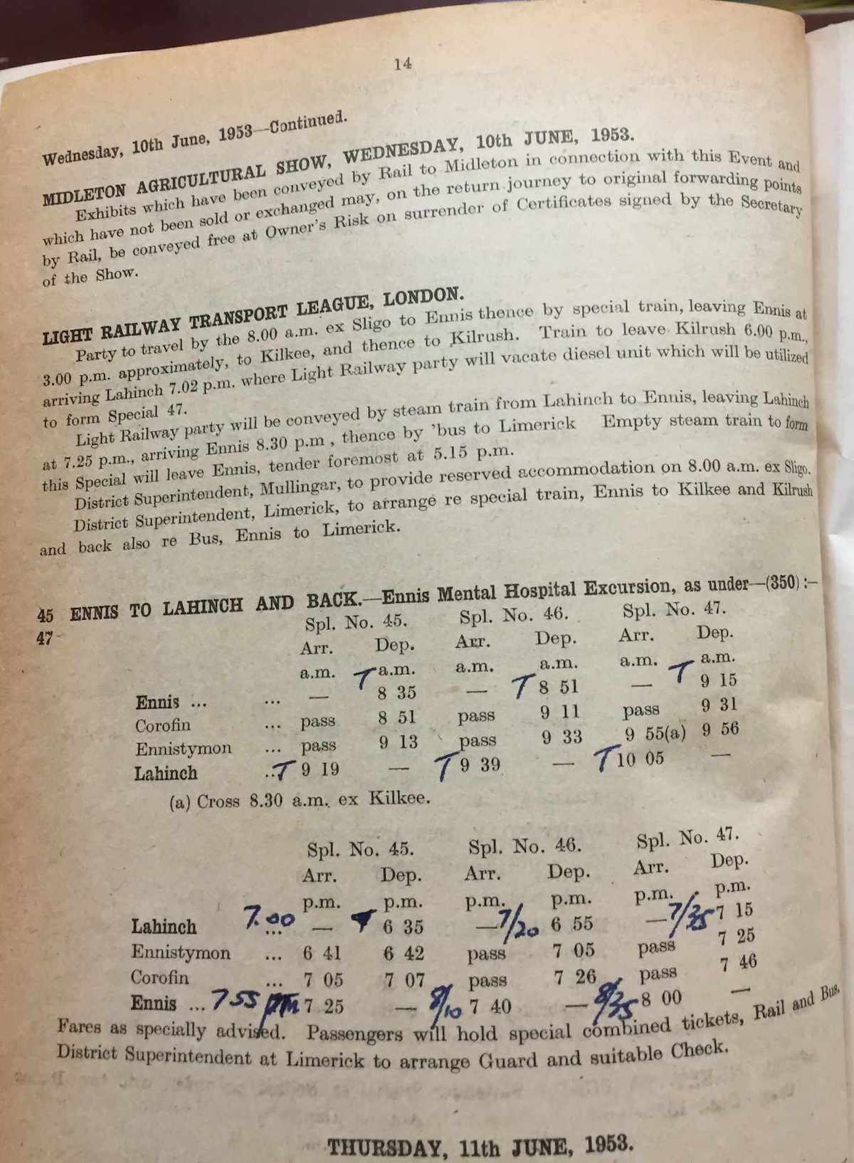 West Clare Special Trains Wed 10 June 1953 - extract from Weekly Circular
